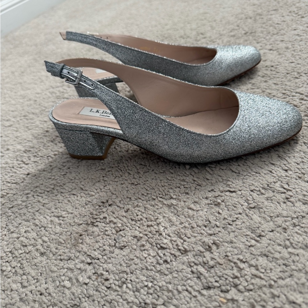 Silver sparkly shoes, low block heel, sling back, almond toe